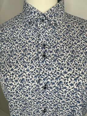 GUIDE LONDON Blue White Stretch Button Down Shirt Slim Fit Dress Shirt